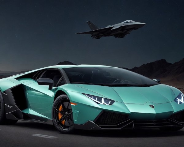 Teal Lamborghini Aventador in Desert with Fighter Jet