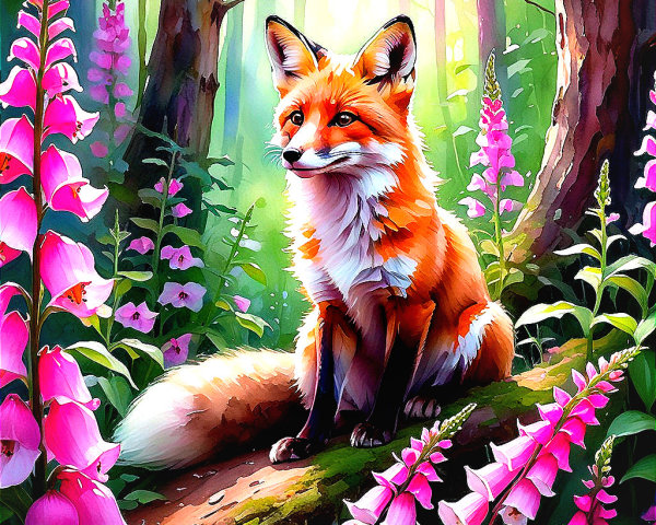 Red fox on mossy log in vibrant forest setting