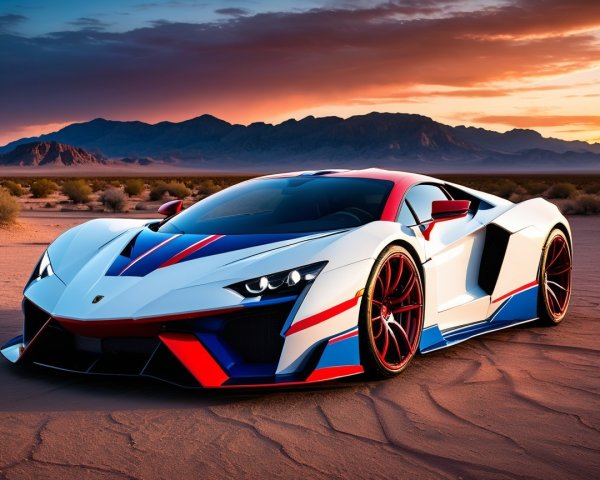 Supercar in Desert at Sunset with Bold Design
