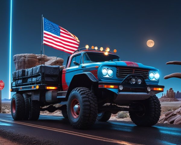 Vintage Truck with American Flag on Deserted Road