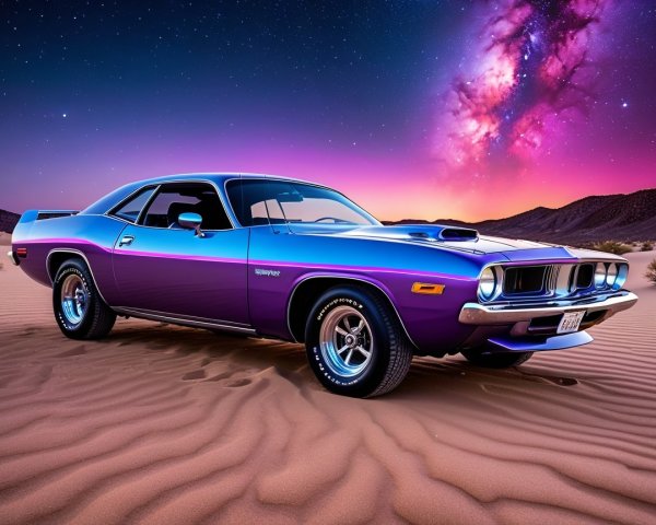 Classic Muscle Car in Purple on Sandy Dunes at Twilight