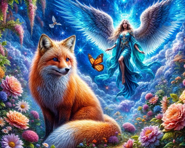 Majestic Fox and Angel in a Vibrant Landscape