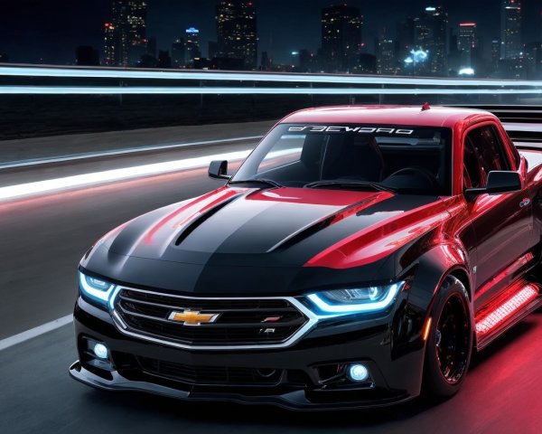 Sleek Black Chevrolet Truck Against City Night Skyline