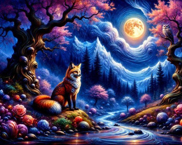 Majestic fox by shimmering river in vibrant night scene