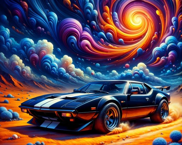 Sleek black sports car in vibrant cosmic landscape