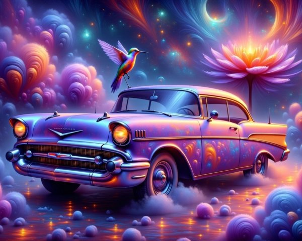 1950s Retro Car in Surreal Colorful Landscape