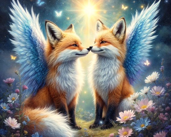 Foxes with wings in a colorful meadow setting