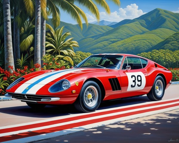 Retro Illustration of a Red Sports Car with Mountains