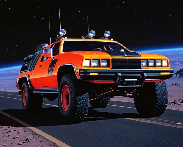 Futuristic Orange Vehicle on Cosmic Landscape