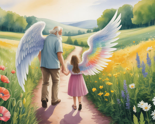 Watercolor of Man and Girl with Colorful Wings in Field