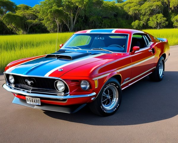 1970 Ford Mustang with Red Exterior and Blue Stripes