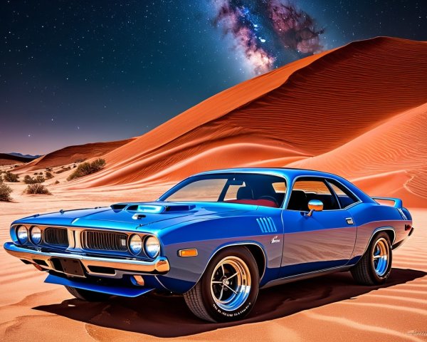 Classic Muscle Car in Desert at Night Sky