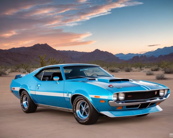 Classic Blue Muscle Car in Desert Sunset Setting