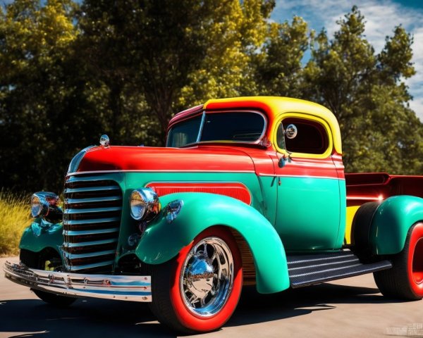 Vibrant Classic Truck with Two-Tone Red and Turquoise Paint