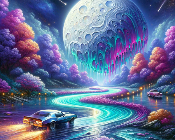 Surreal Landscape with Colorful River and Vintage Cars
