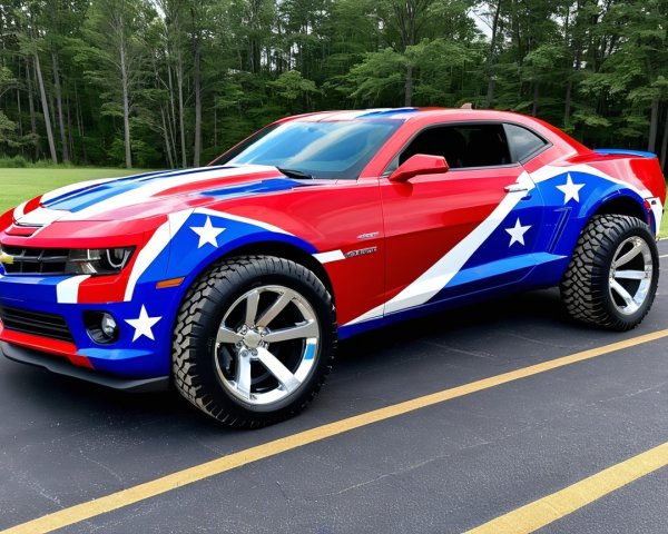 Modified Chevrolet Camaro with Patriotic Design and Tires
