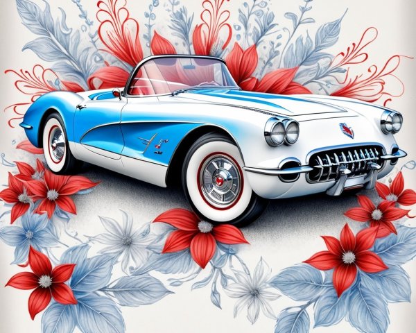 Vintage Convertible Car with Floral Background