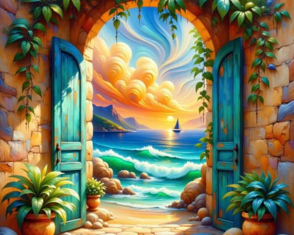 Serene Archway with Vibrant Blue Doors and Seascape