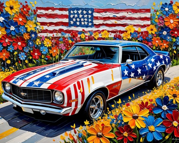 Vintage Car with American Flag Paint Job Among Flowers