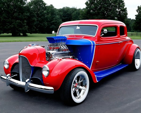 1930s Coupe with Red and Blue Paint and Chrome Grille
