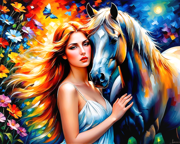 Vibrant Stained Glass Painting of a Woman and Horse