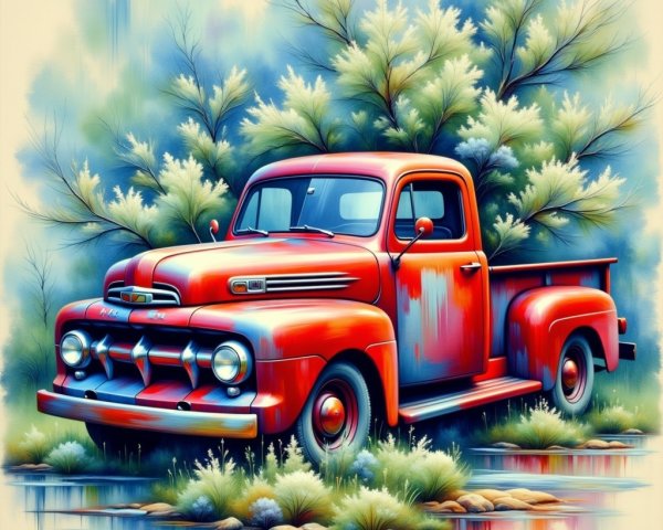 Vintage Red Truck Surrounded by Greenery and Water