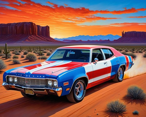 Classic Muscle Car in Desert at Sunset
