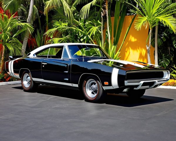 Classic Black and White Muscle Car in Tropical Setting