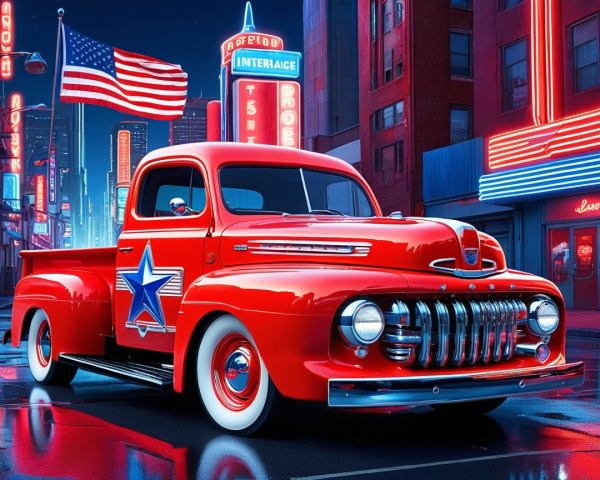 Retro Red Pickup Truck in Neon Urban Setting