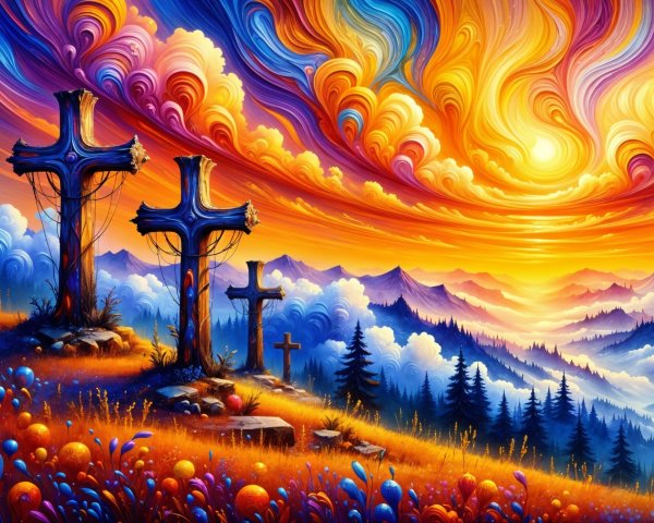 Vibrant Sunset with Crosses in Serene Landscape