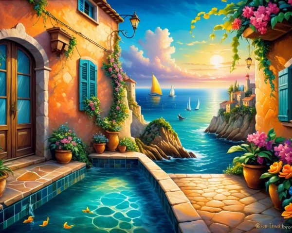 Coastal Sunset with Villa, Flowers, and Sailboats