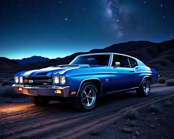 Blue Muscle Car on Dirt Road Under Starry Sky