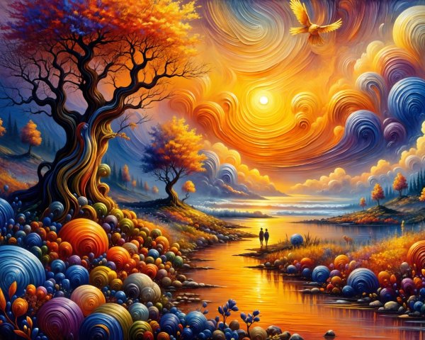 Vibrant Sunset Landscape with River and Autumn Tree