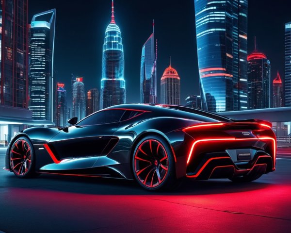 Futuristic Sports Car in Neon-Lit Cityscape at Night