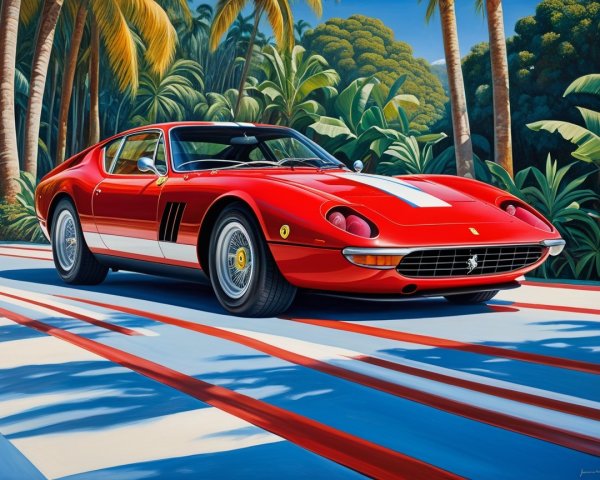 Classic Red Sports Car Against Tropical Backdrop