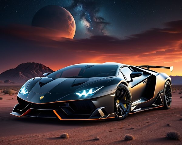 Black Sports Car in Desert at Sunset with Planet