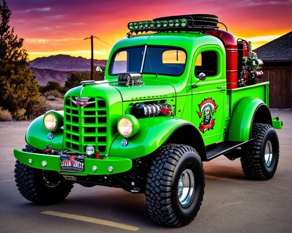Vintage Green Truck Against Stunning Sunset Backdrop