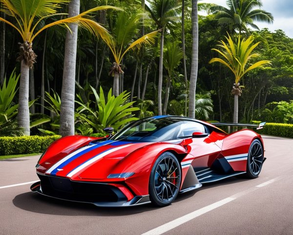 Red Supercar with Blue Stripes on Tropical Road