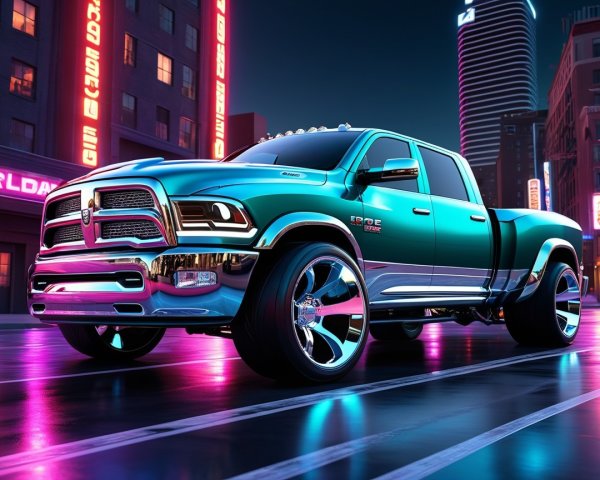 Customized Vibrant Truck in City Street at Night