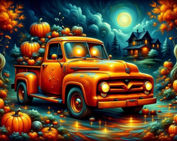 Orange Vintage Truck in Autumn with Pumpkins and Foliage