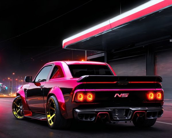 Modified Pink Sports Car in Urban Night Scene