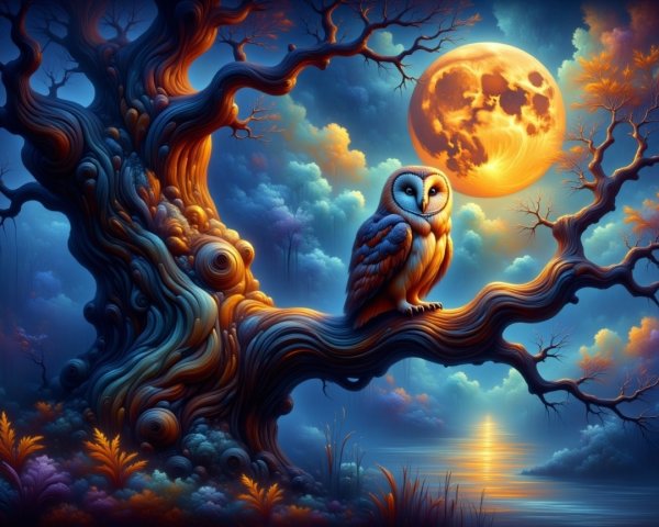 Surreal Night Scene with Owl and Vibrant Landscape