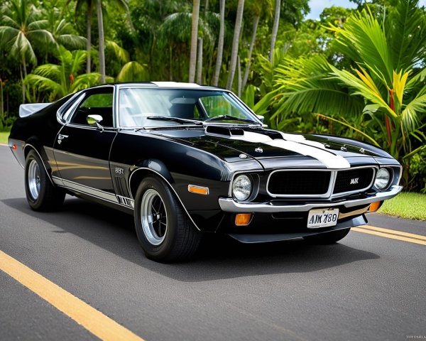 Classic Black Muscle Car with White Racing Stripes