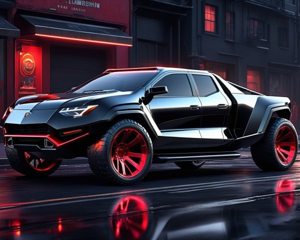 Futuristic black truck with red accents and bold design
