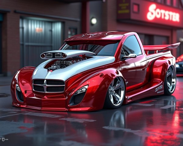 Custom Pickup Truck with Red and Silver Paint Job