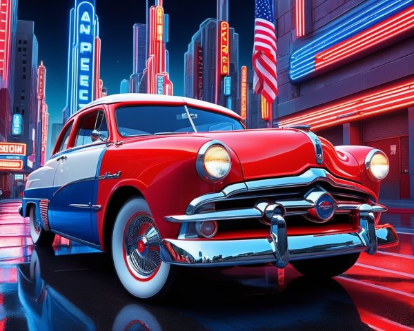 Vintage Car in Red, White, and Blue on Neon Street