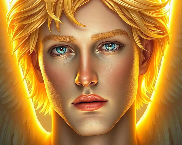 Portrait of a male angel with blue eyes and halo