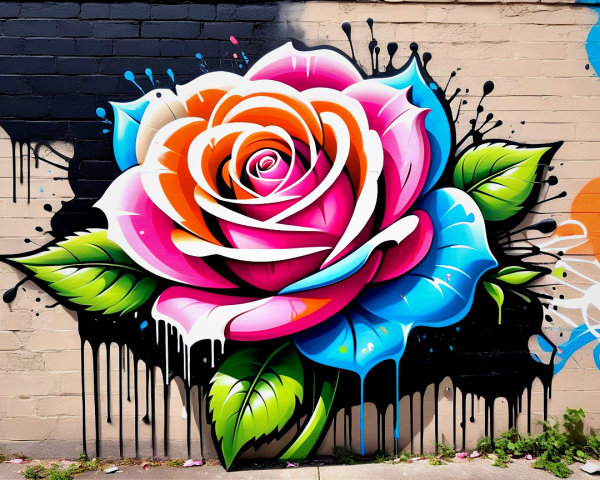 Oversized Graffiti Mural of a Colorful Rose