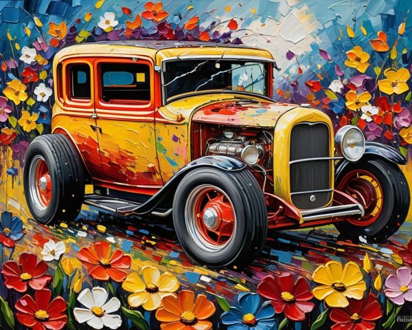 Classic Car with Colorful Floral Background