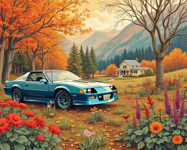 Blue Sports Car in Autumn Landscape with Flowers